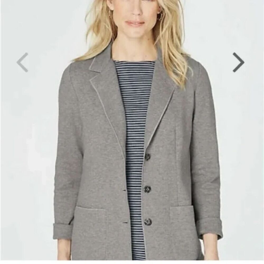 J. Jill Sweater Blazer Large Petite Gray Undone Seams Wool Blend Button Pockets